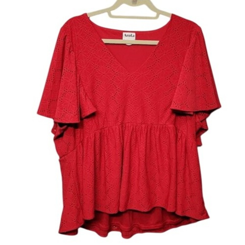 Arula Top Shirt Plus Size 3X Red Peplum Eyelet Lace Flutter Sleeve Boho Romantic